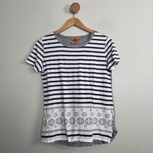 Tory Burch Striped & Gray Mixed Media Pima Cotton Short Sleeve Tee Small